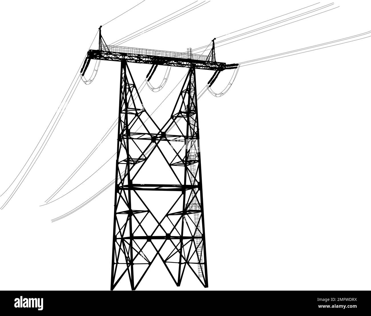 Silhouette of high voltage power lines on a white background. Stock Vector