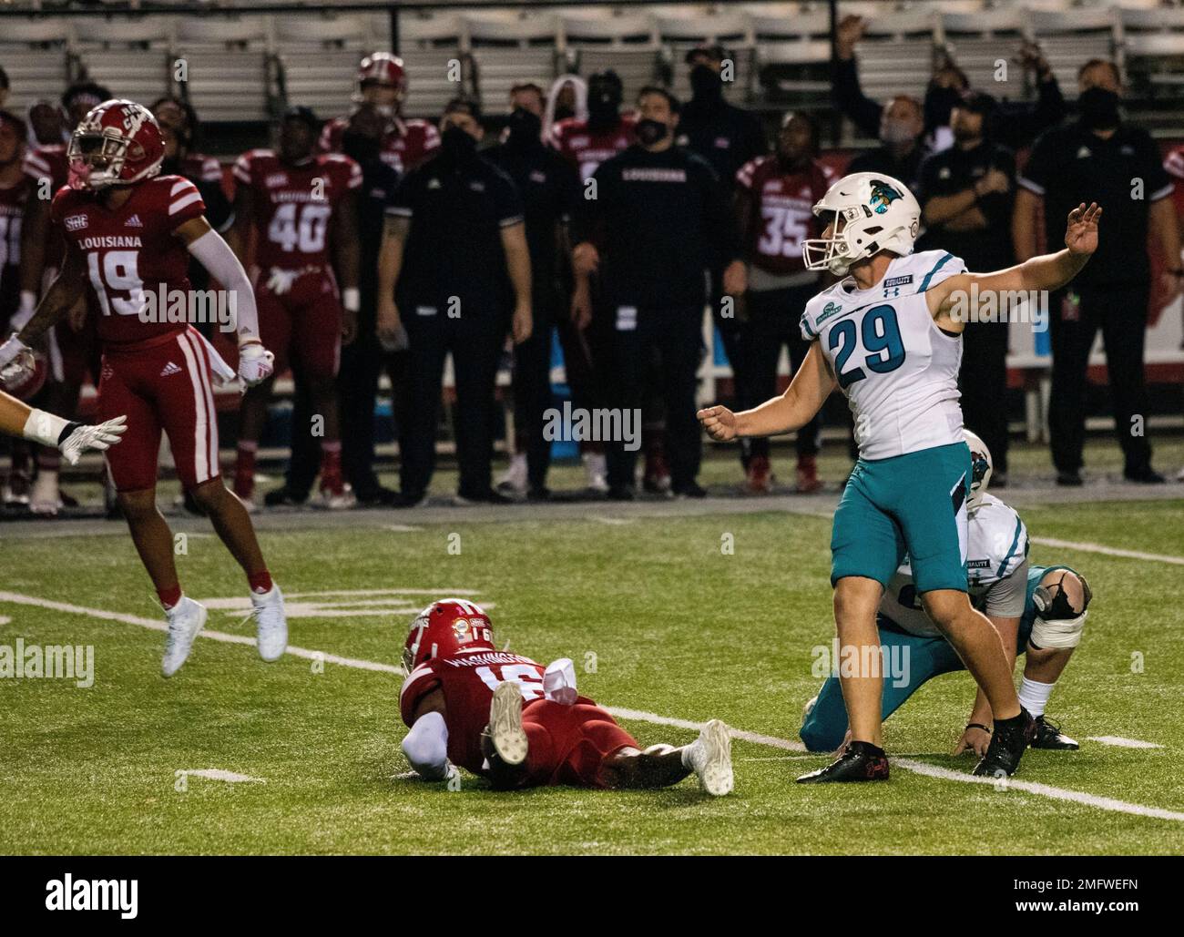 Coastal Carolina place kicker Massimo Biscardi 29 kicks the eventual game winning field goal during the second half of an NCAA football game against Louisiana Lafayette in Lafayette La. Wednesday Oct....