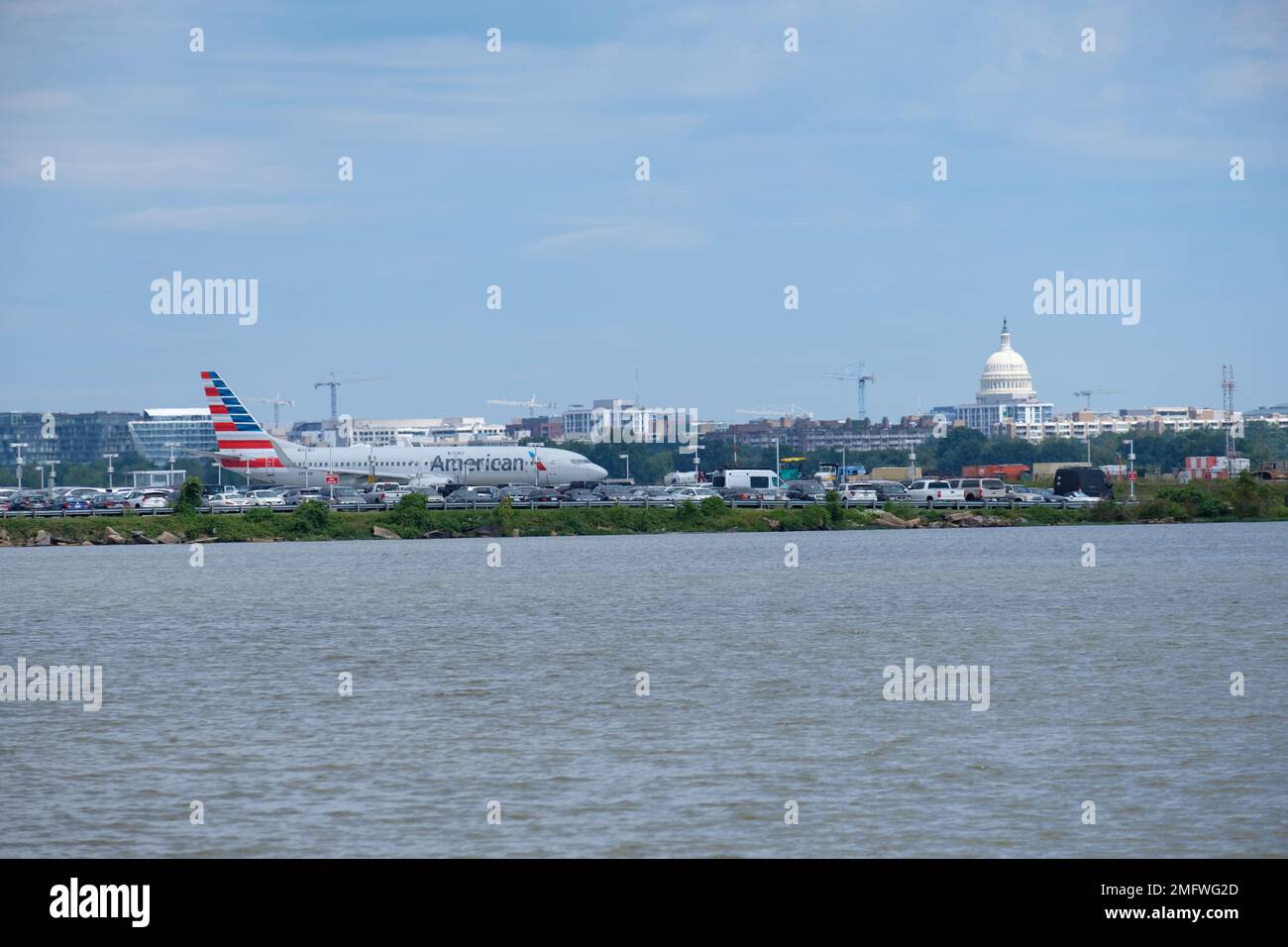 Airplane on Runway of Ronald Reagan Washington National Airport Stock Photo
