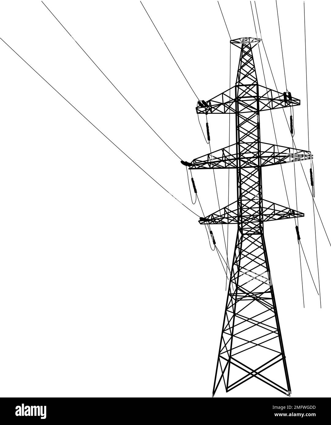 Silhouette of high voltage power lines on a white background Stock