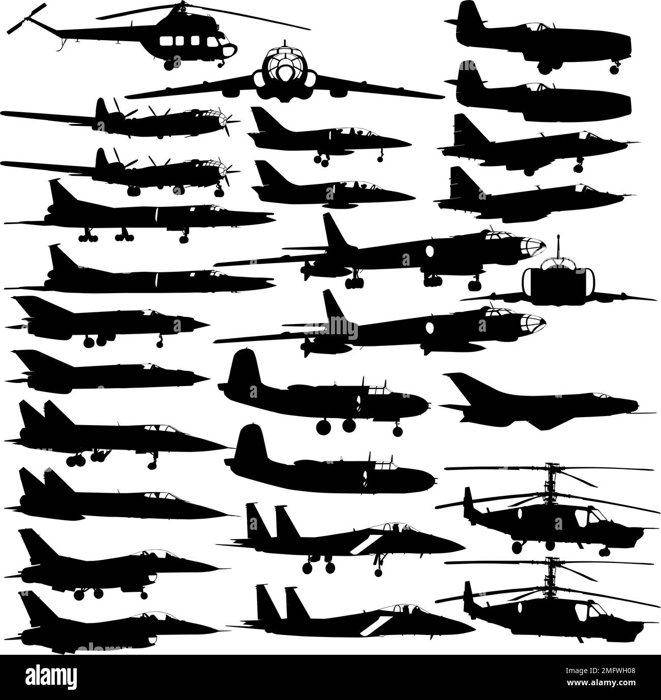 Set silhouette passenger and military aircraft on a white background ...