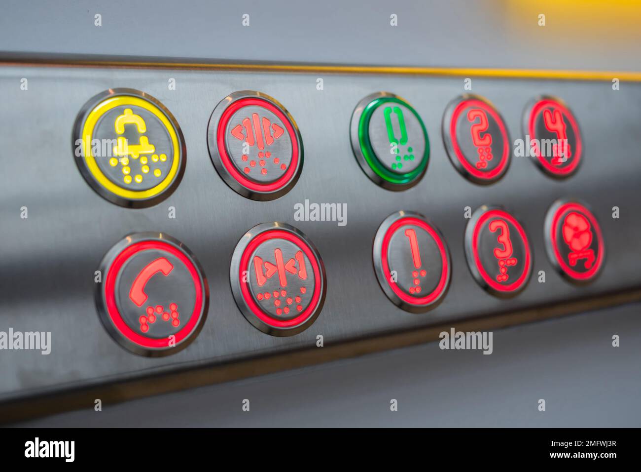 Elevator floor buttons on lift control panel at mall, hotel or business