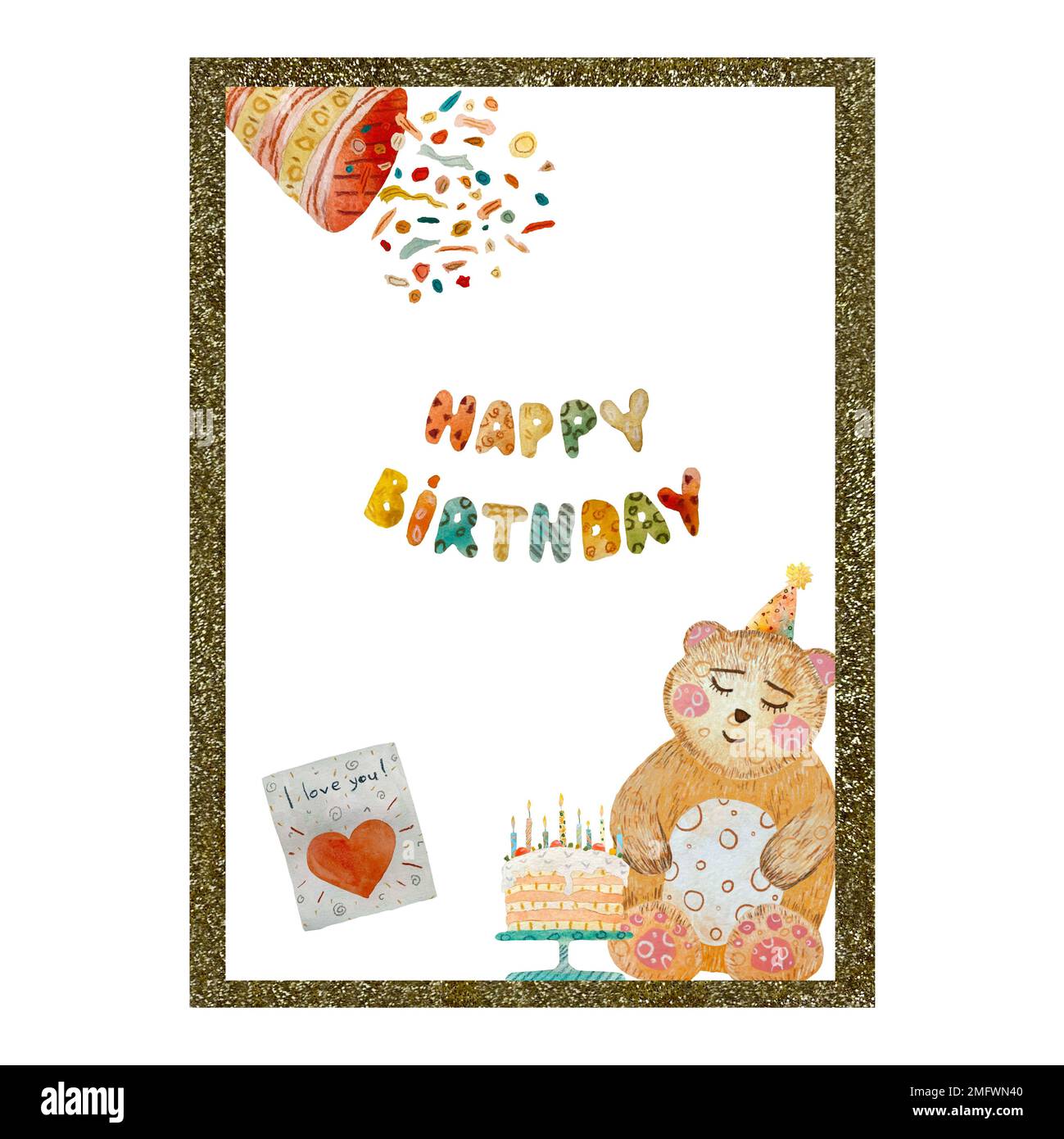 Frame gold bear birthday letters watercolor sketch Stock Photo