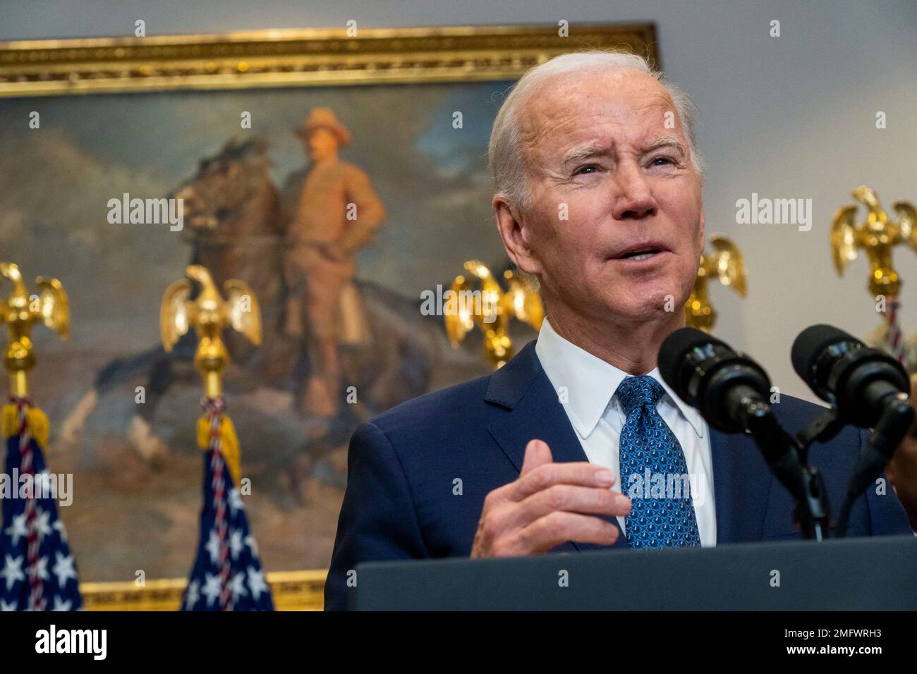 US President Joe Biden announces the transfer of M1 Abrams tanks to Ukraine during remarks on continued U.S. support to Ukraine in the Roosevelt Room of the White House in Washington, DC, USA, 25 January 2023. The plan will send 31 US tanks to Ukraine to join Ukrainian troops on the battlefield. Stock Photo