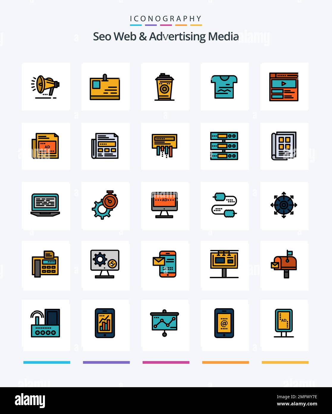 Creative Seo Web And Advertising Media 25 Line FIlled icon pack  Such As video player. uniform. coffee. cloth. shirt Stock Vector
