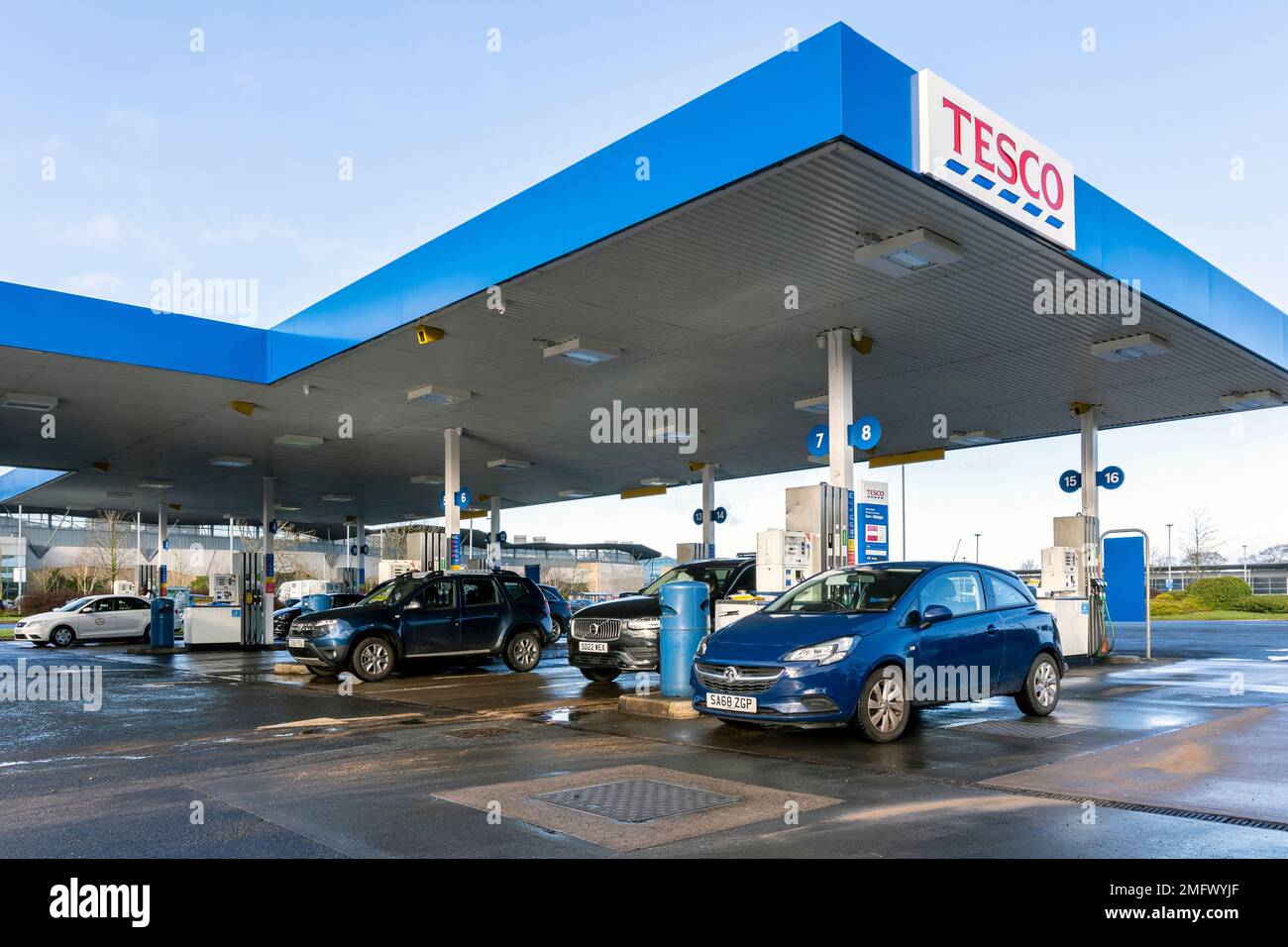 Tesco garage forecourt with vehicles and fuel pumps, Silverburn, Pollok