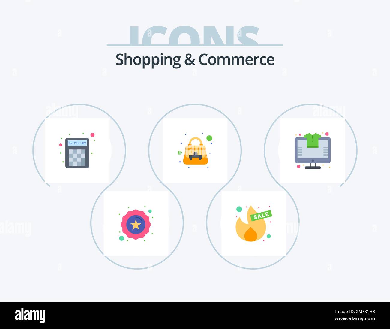 Shopping And Commerce Flat Icon Pack 5 Icon Design. store. online. calculator. shoulder bag. ladies purse Stock Vector