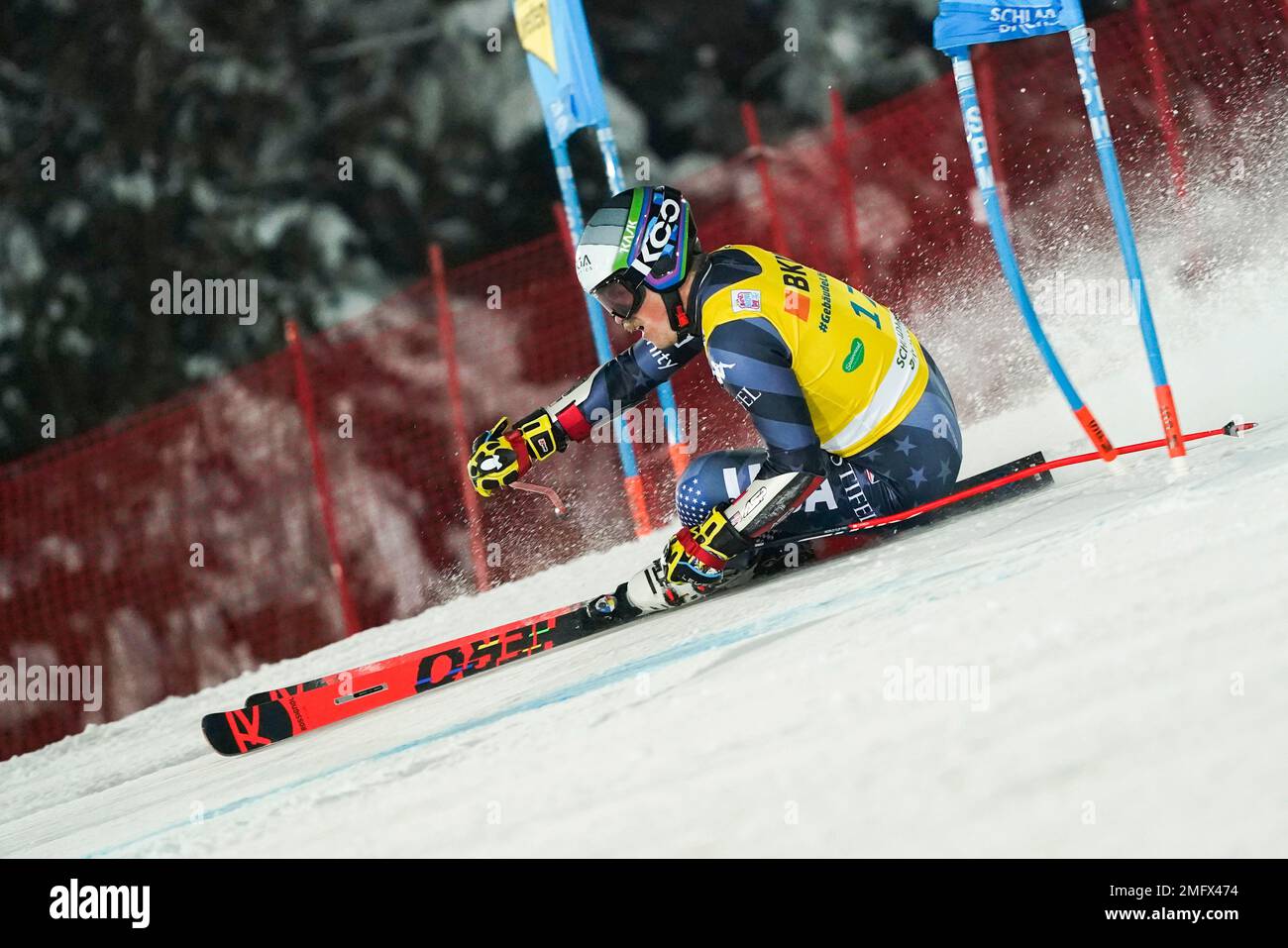 United States' River Radamus speeds down the course during the first run of  an alpine ski, men's World Cup giant slalom in Schladming, Austria,  Wednesday, Jan. 25, 2023. (AP Photo/Giovanni Auletta Stock