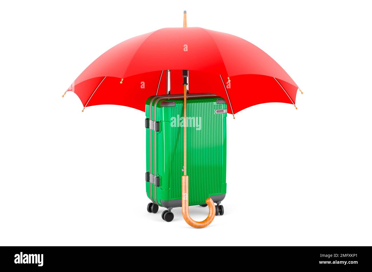Luggage under umbrella, 3D rendering isolated on white background Stock ...