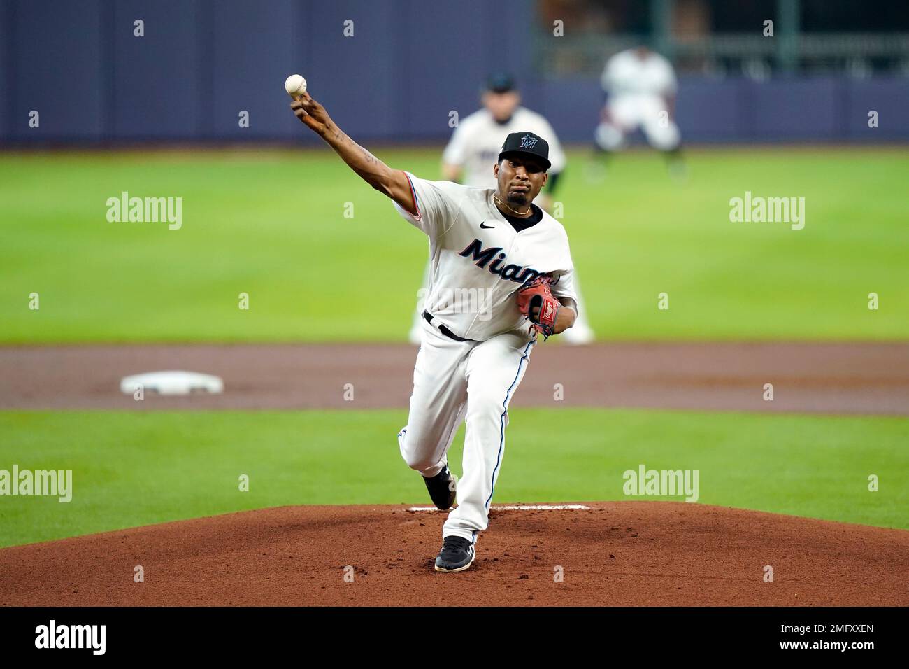 Miami Marlins starting pitcher Sixto Sanchez throws during the first inning  in Game 3 of a baseball National League Division Series against the Atlanta  Braves, Thursday, Oct. 8, 2020, in Houston. (AP