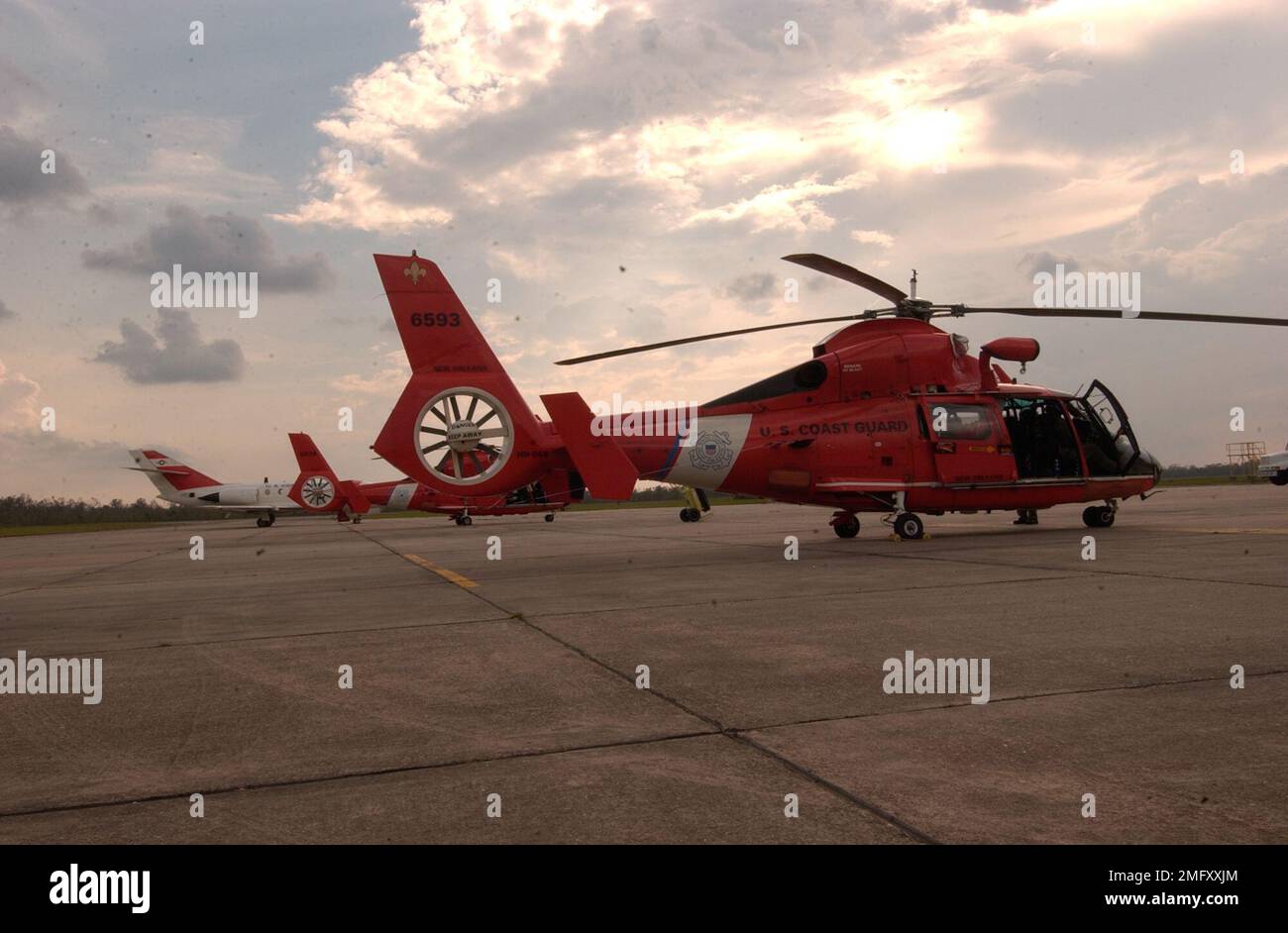 Aircrafts - HH-65 Dolphin - 26-HK-54-17. New Orleans HH-6593 on ramp with other CG aircraft. Hurricane Katrina Stock Photo