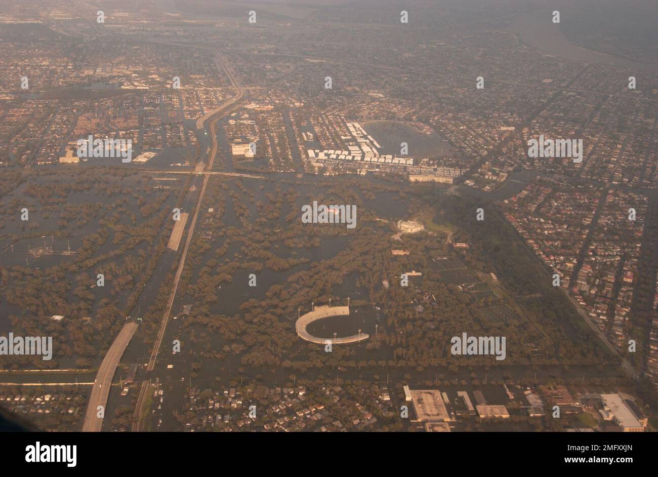 Aftermath Flooding Miscellaneous 26HK3690. aerial shot of flooded stadium and