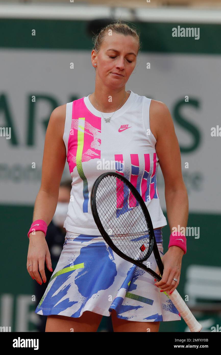 Petra Kvitova of the Czech Republic reacts after missing a shot against  Sofia Kenin of the U.S. in the semifinal match of the French Open tennis  tournament at the Roland Garros stadium