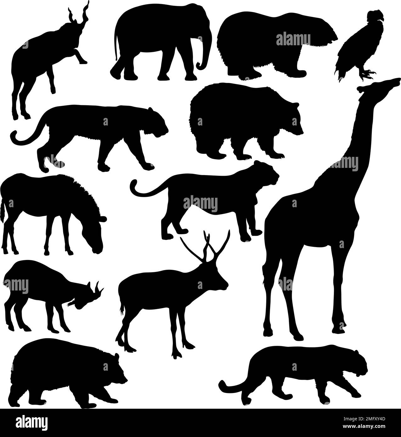 Silhouette elephant bear eagle trot duck zebra parrot on a white