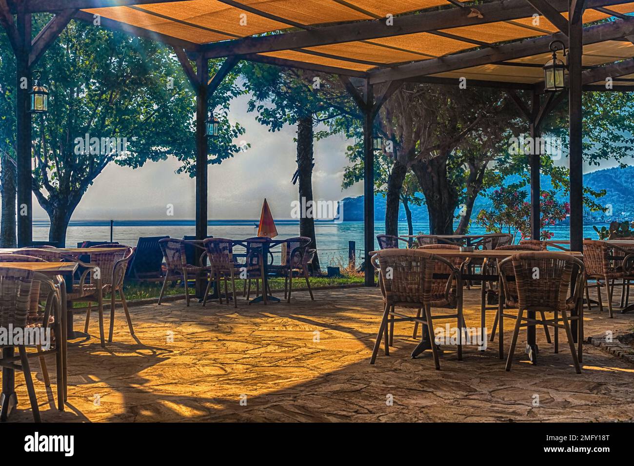 View of the cafe on the beach overlooking the sea. Kemer, Turkey Stock Photo