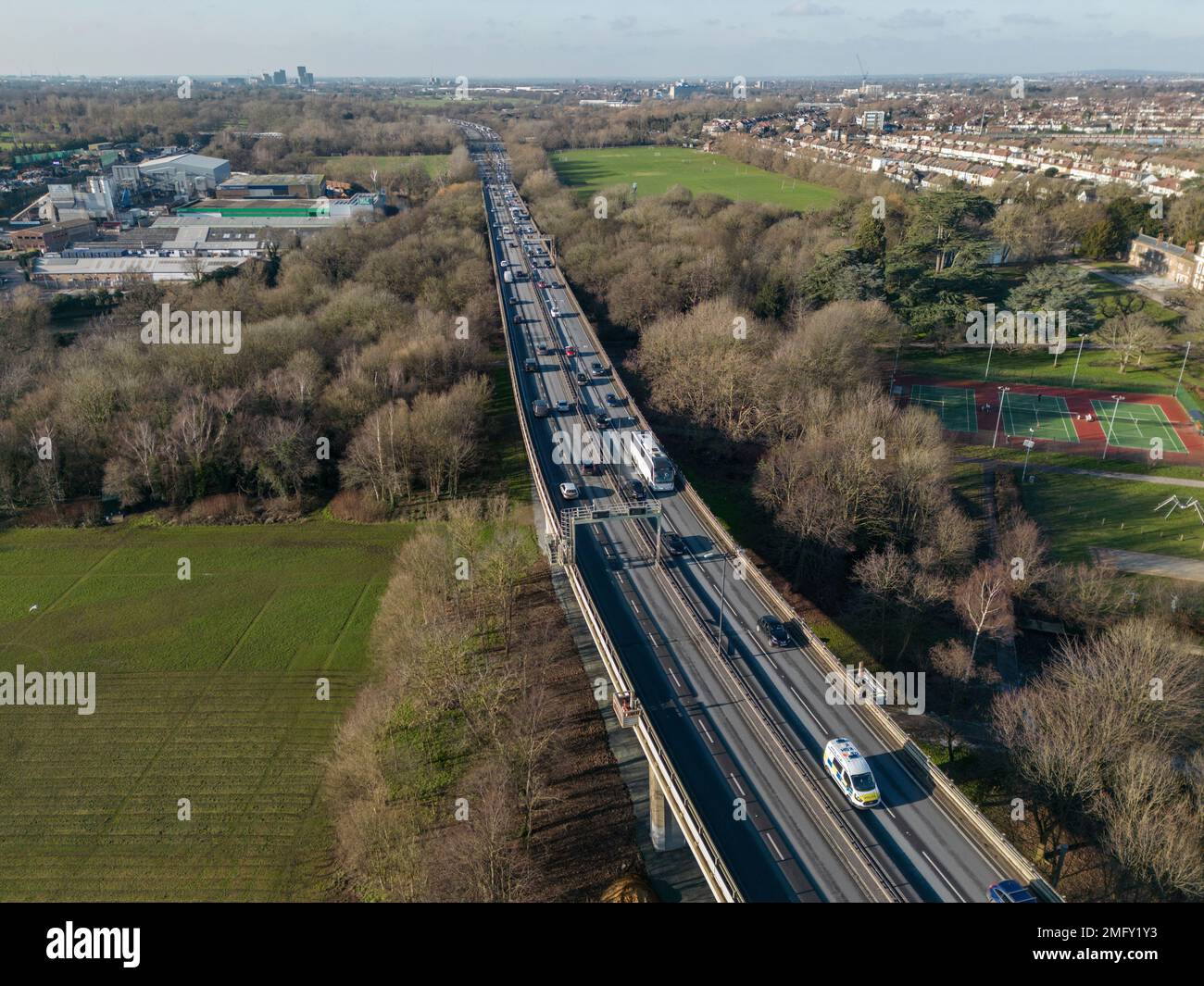 Aerial view of the M4 motorway in Brentford, West London, UK looking