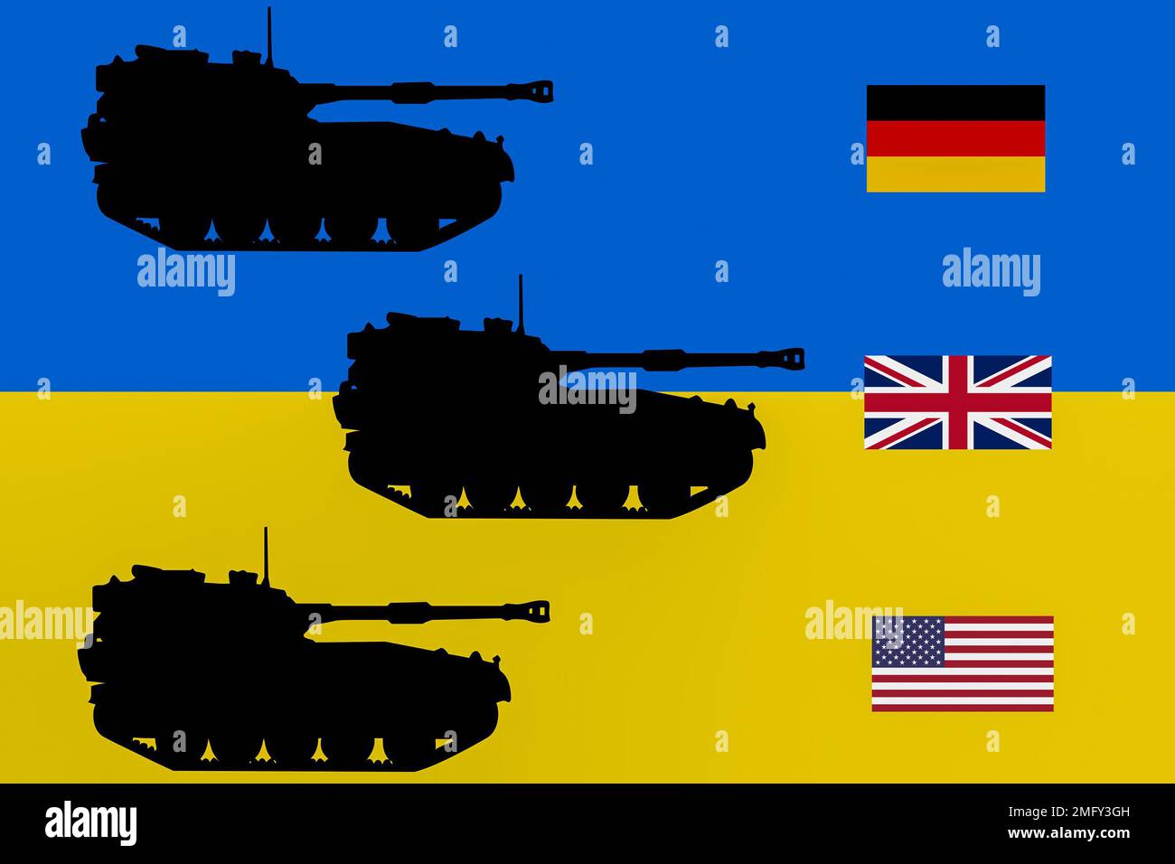 Tanks on flag of Ukraine with  flags of Germany, USA and UK. Military aid, Russia, Russian conflict, war... concept. Stock Photo