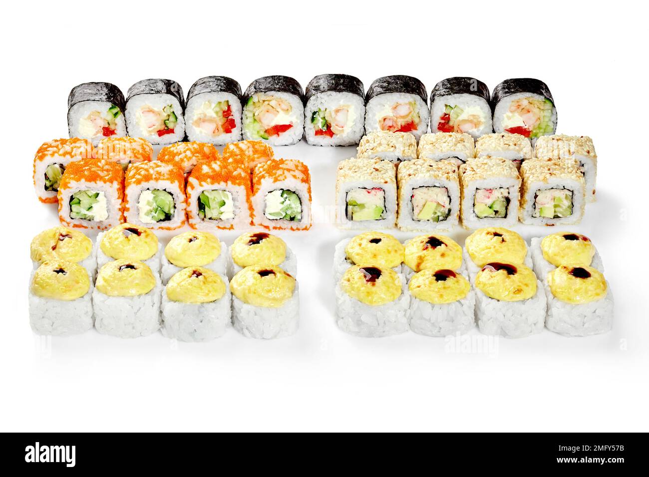 Sushi set of various rolls with surimi crab, masago, shrimp Stock Photo