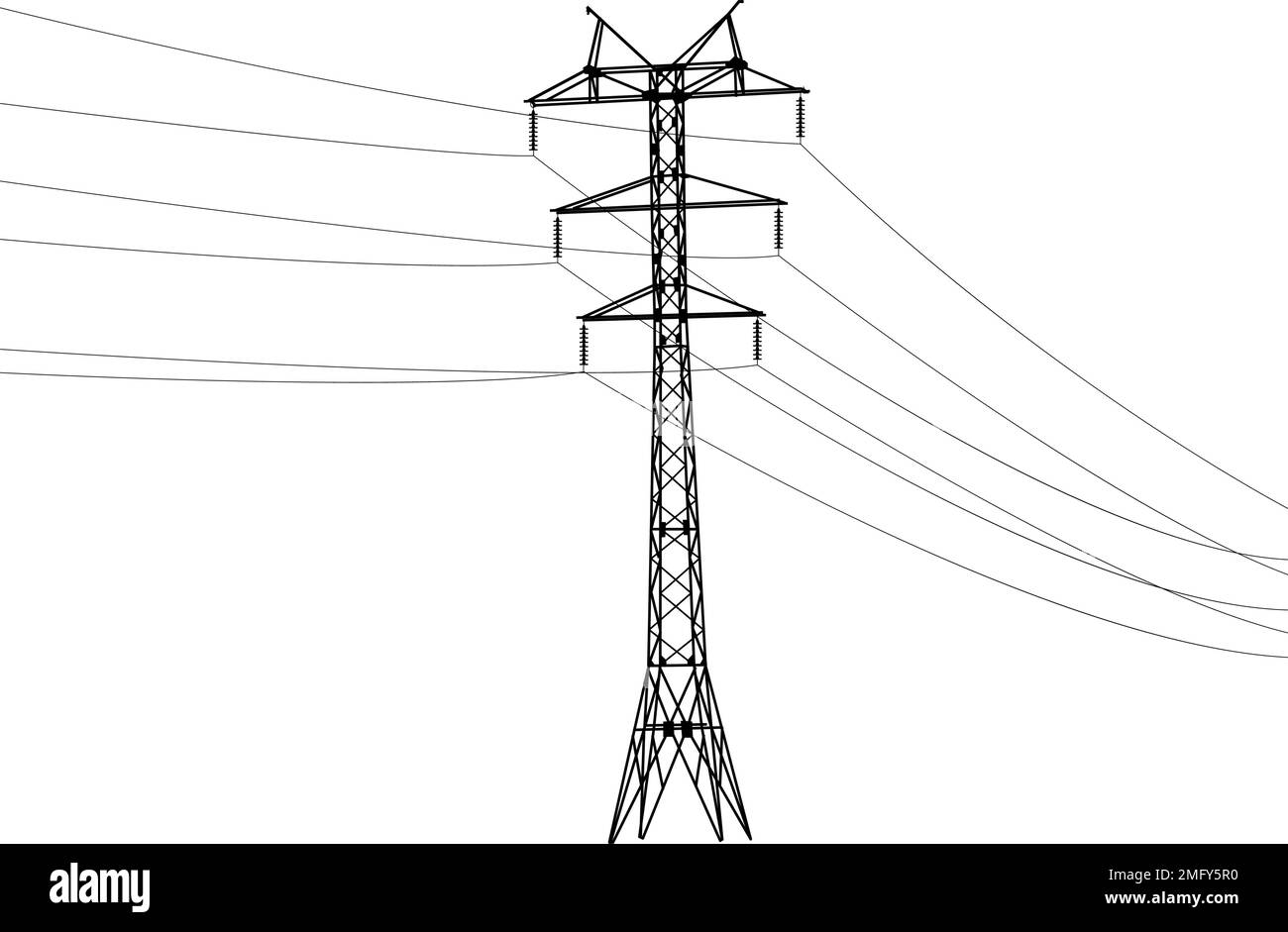 Silhouette of high voltage power lines on a white background. Stock Vector