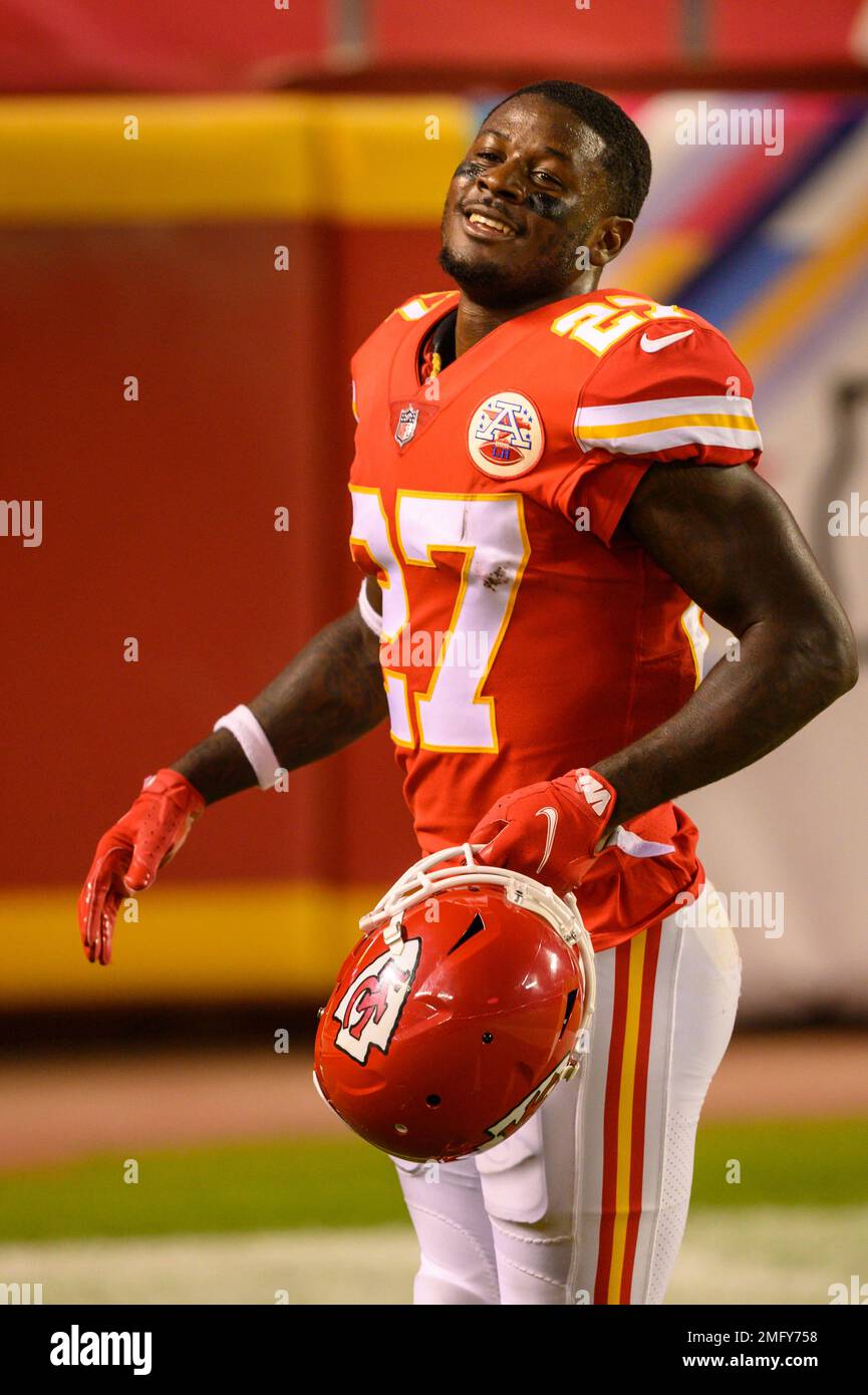 Kansas City Chiefs cornerback Rashad Fenton (27) after their win over the  New England Patriots in an NFL football game, Monday, Oct. 5, 2020, in  Kansas City, Mo. (AP Photo/Reed Hoffmann Stock