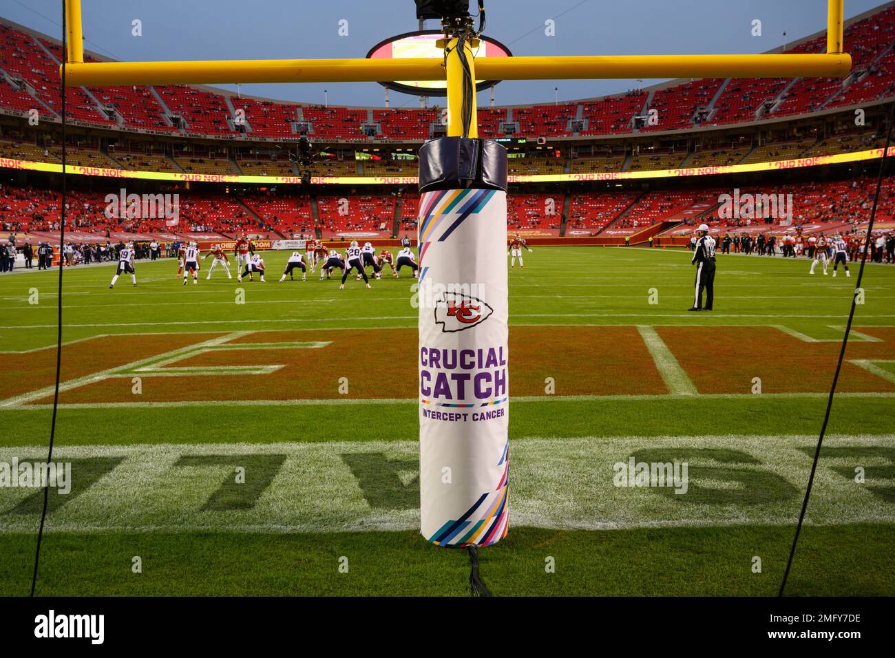 Crucial Catch signage on the goal post before an NFL football game between  the Kansas City Chiefs and the Buffalo Bills, Sunday, Oct. 10, 2021 in Kansas  City, Mo. (AP Photo/Reed Hoffmann