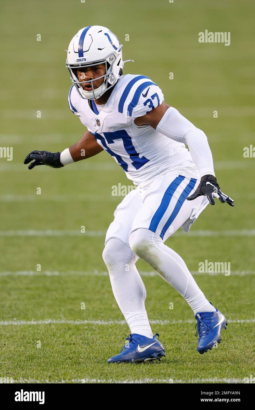 Indianapolis Colts strong safety Khari Willis (37) in action against the Chicago Bears during the second half of an NFL football game, Sunday, Oct. 4, 2020, in Chicago. (AP Photo/Kamil Krzaczynski) Stock Photo