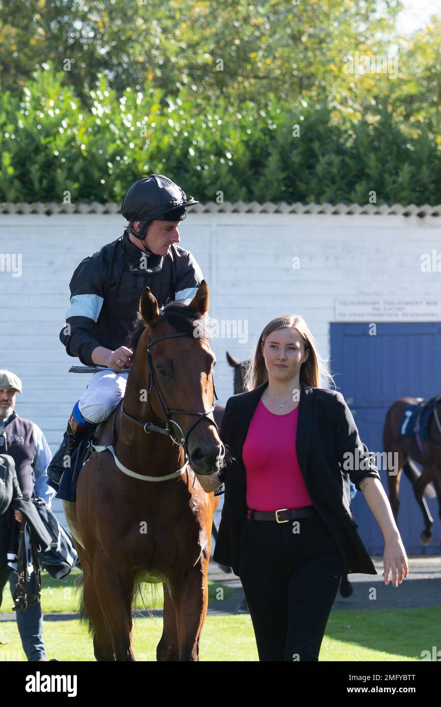 Windsor, Berkshire, UK. 10th October, 2022. Jockey Adam Kirby riding horse Kerdos wins the At The Races App Form Study EBF Novice Stakes at Royal Windsor Racecourse. Trainer Clive Cox, Hungerford. Owners John Connolly and A D Spence. Credit: Maureen McLean/Alamy Stock Photo