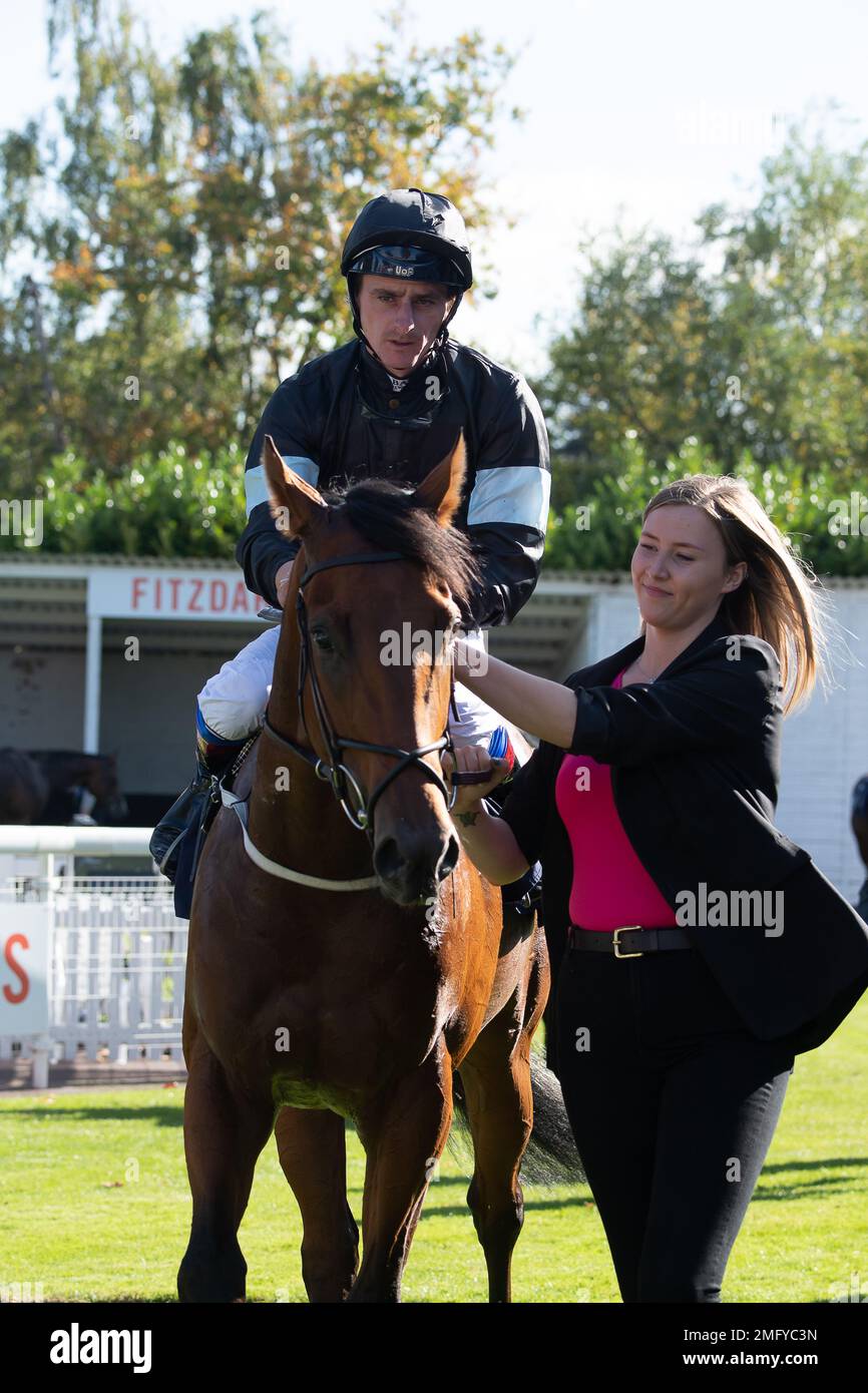 Windsor, Berkshire, UK. 10th October, 2022. Jockey Adam Kirby riding horse Kerdos wins the At The Races App Form Study EBF Novice Stakes at Royal Windsor Racecourse. Trainer Clive Cox, Hungerford. Owners John Connolly and A D Spence. Credit: Maureen McLean/Alamy Stock Photo