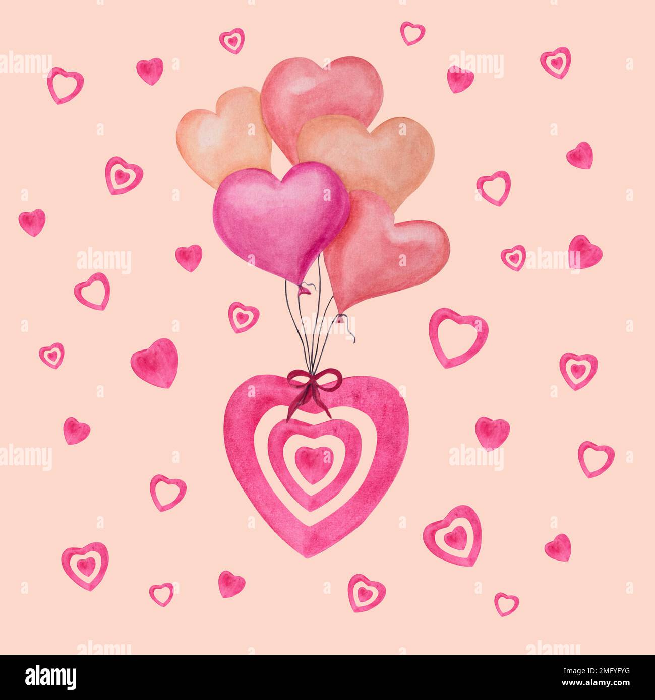 Watercolor romantic hearts, balloons isolated on pink background. For ...