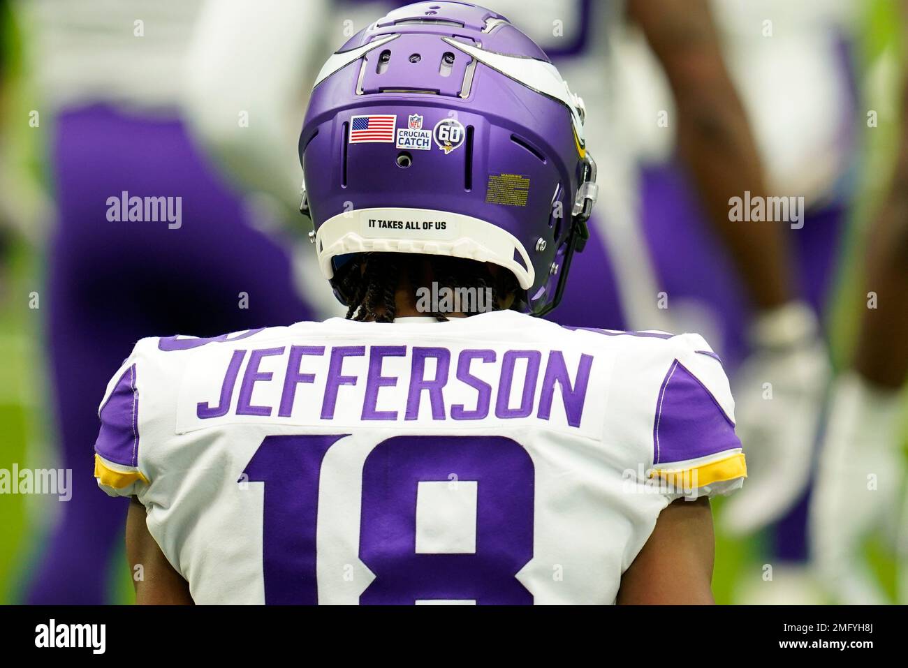 https://c8.alamy.com/comp/2MFYH8J/minnesota-vikings-wide-receiver-justin-jefferson-18-is-seen-from-the-back-during-pregame-warmups-with-the-american-flag-vikings-60-years-logo-nfl-cancer-awareness-logo-and-the-it-takes-all-of-us-slogan-before-an-nfl-football-game-against-the-houston-texans-sunday-oct-4-2020-in-houston-ap-photomatt-patterson-2MFYH8J.jpg
