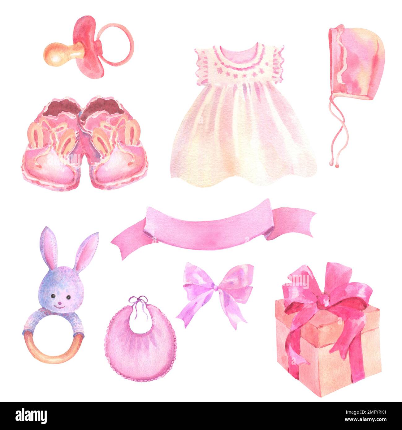 Newborn Baby Girl clipart set. Watercolor hand drawn illustrations with ...