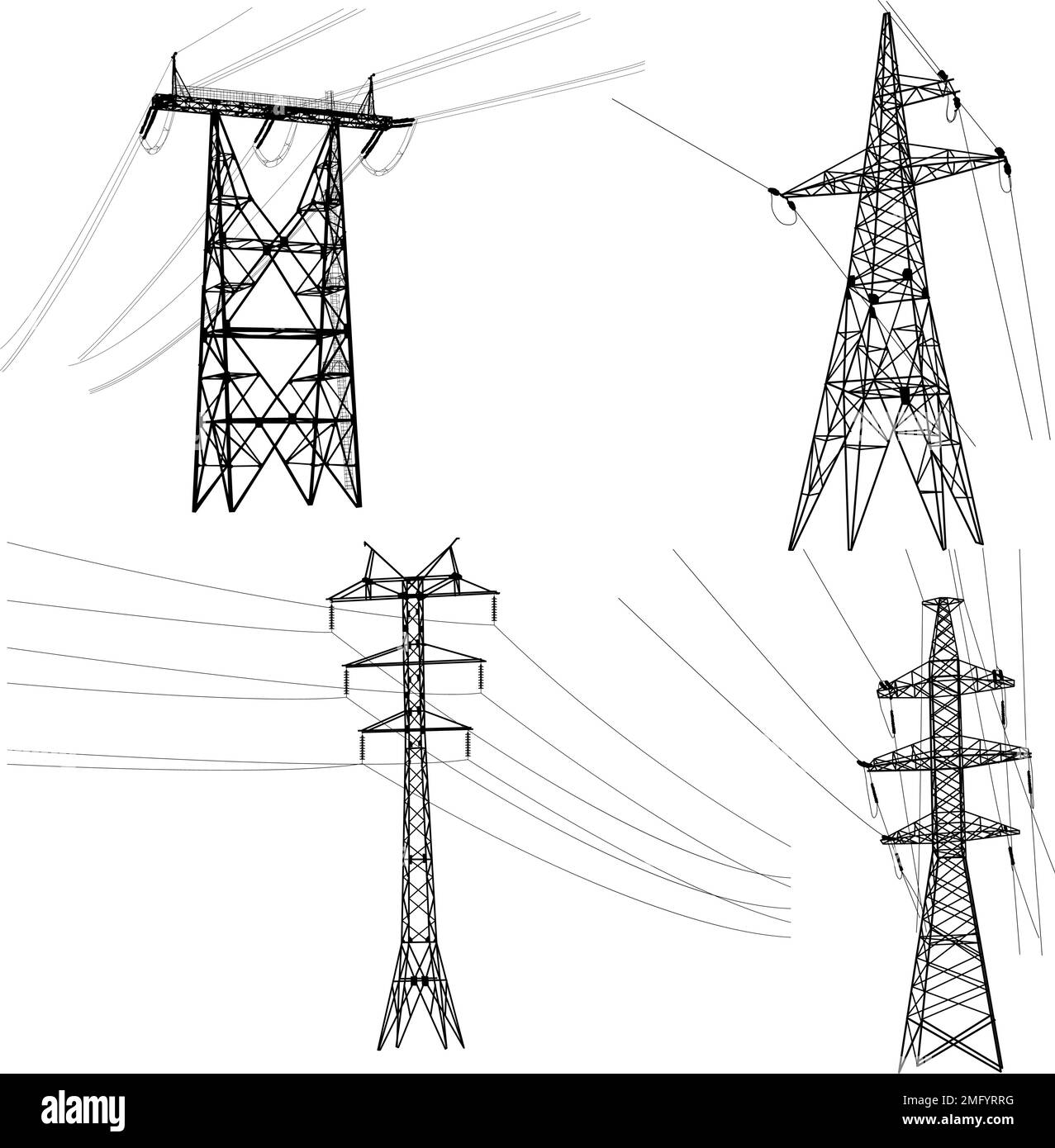 Set silhouette of high voltage power lines on a white background Stock