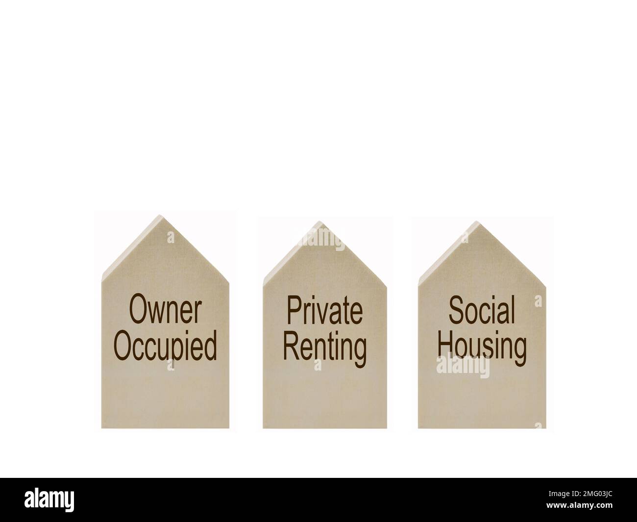 Three models with house shape showing three types of housing tenure in