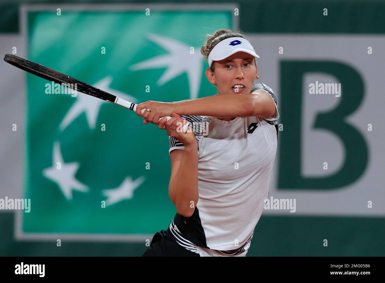 Belgium's Elise Mertens plays a shot against France's Caroline Garcia in  the third round match of the French Open tennis tournament at the Roland  Garros stadium in Paris, France, Friday, Oct. 2,