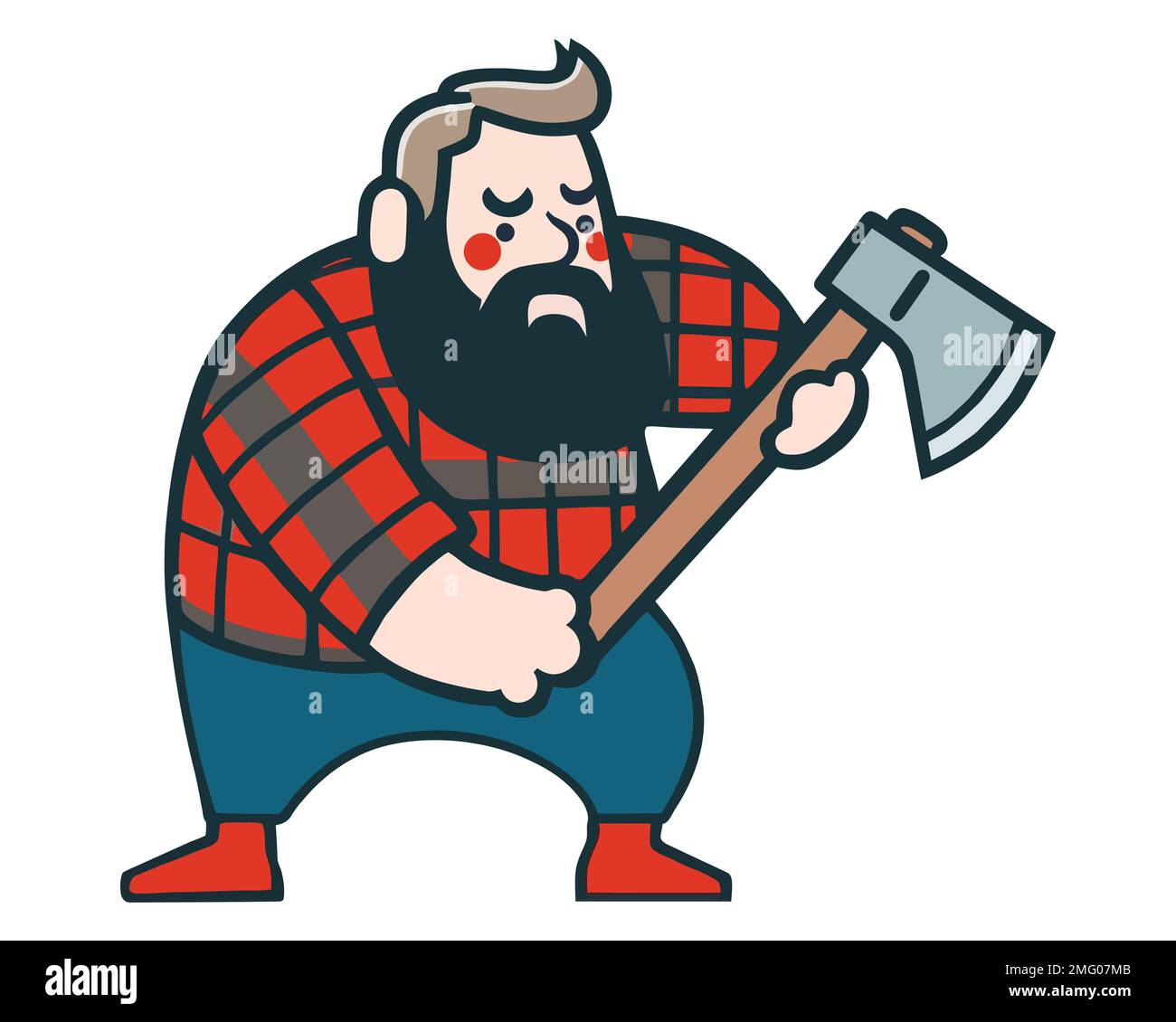 a fat woodcutter in a checkered red shirt and holding an ax in his hands. flat vector illustration. Stock Vector