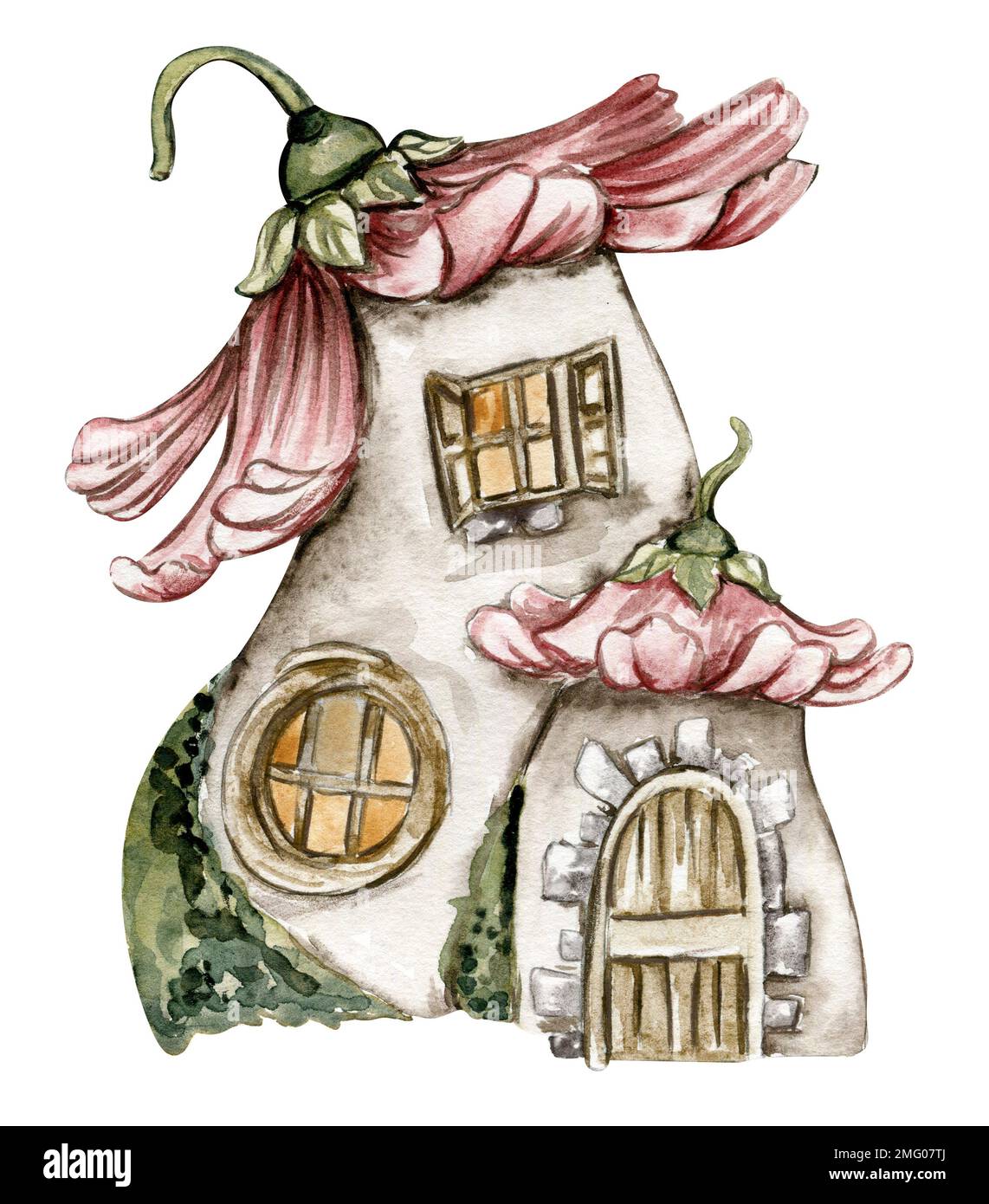 Watercolor cartoon fairy tale mushroom house with wooden door ...