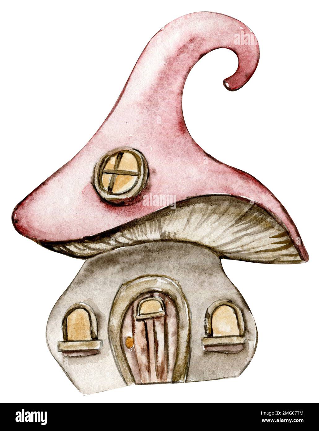 Watercolor cartoon fairy tale mushroom house with wooden door