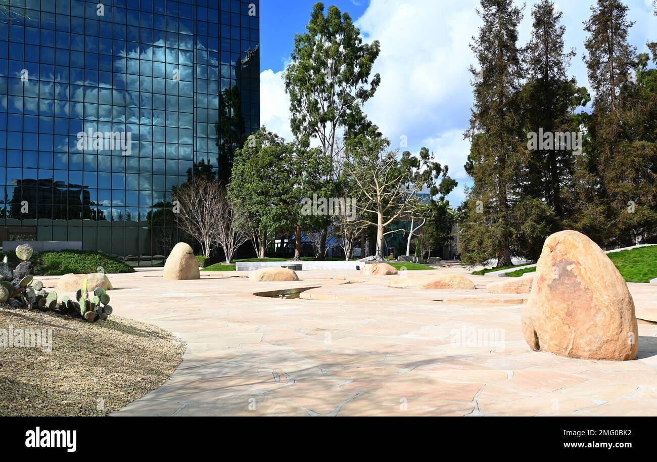 COSTA MESA, CALIFORNIA - 19 JAN 2023: The Noguchi Garden, a compact, minimalist sculpture garden intended as a representation of the state of Californ Stock Photo