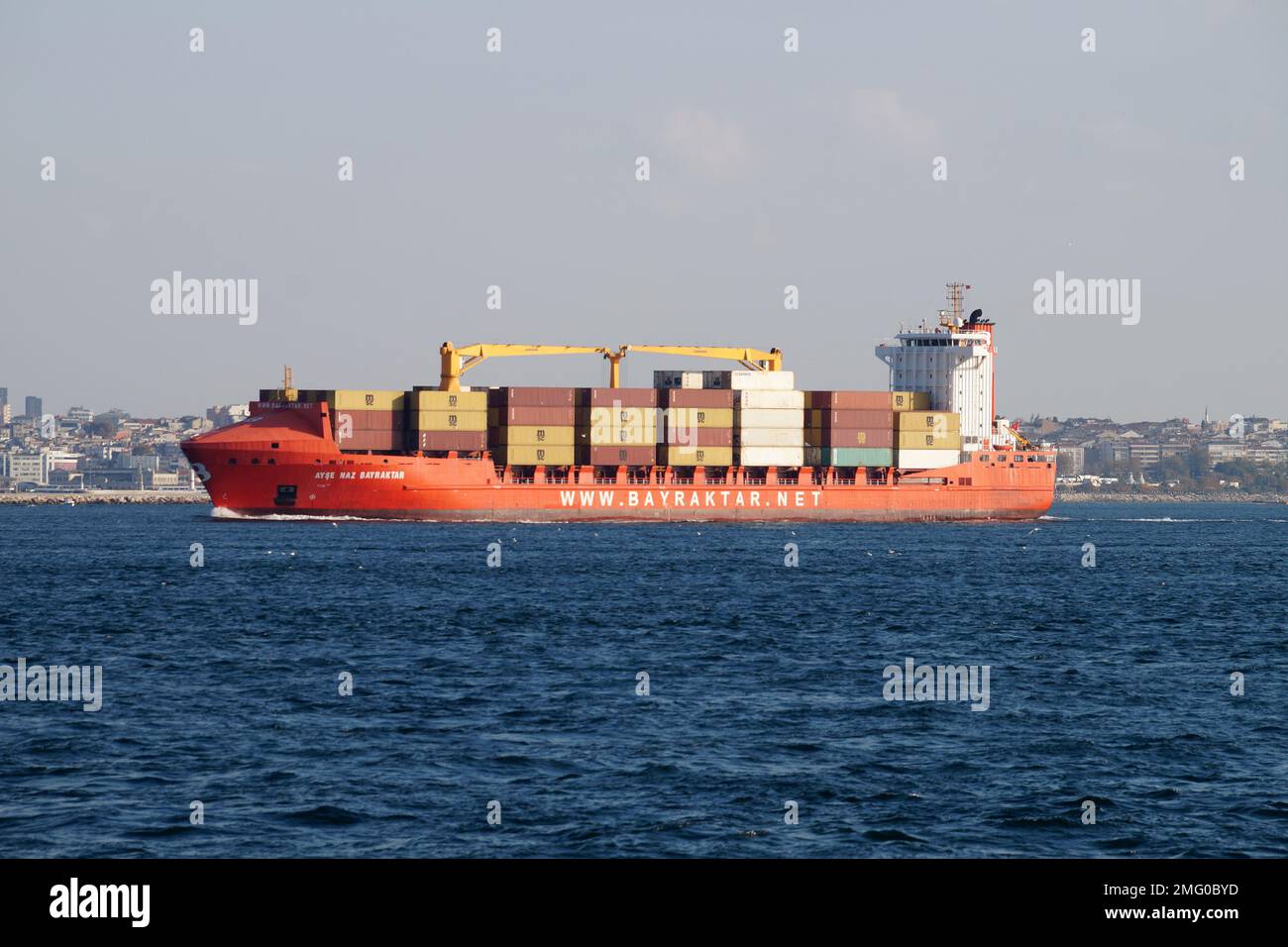 Istanbul, Turkey November, 13, 2022 Bayraktar cargo ship with sea