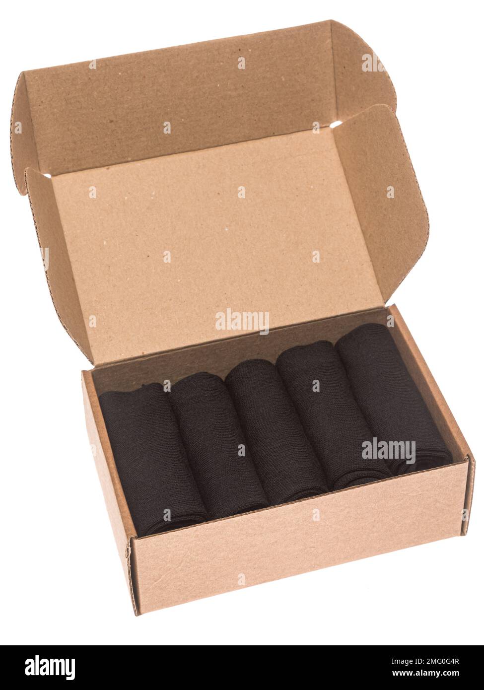 Open foldable corrugated postal box with 5-pack black socks isolated on white background Stock Photo