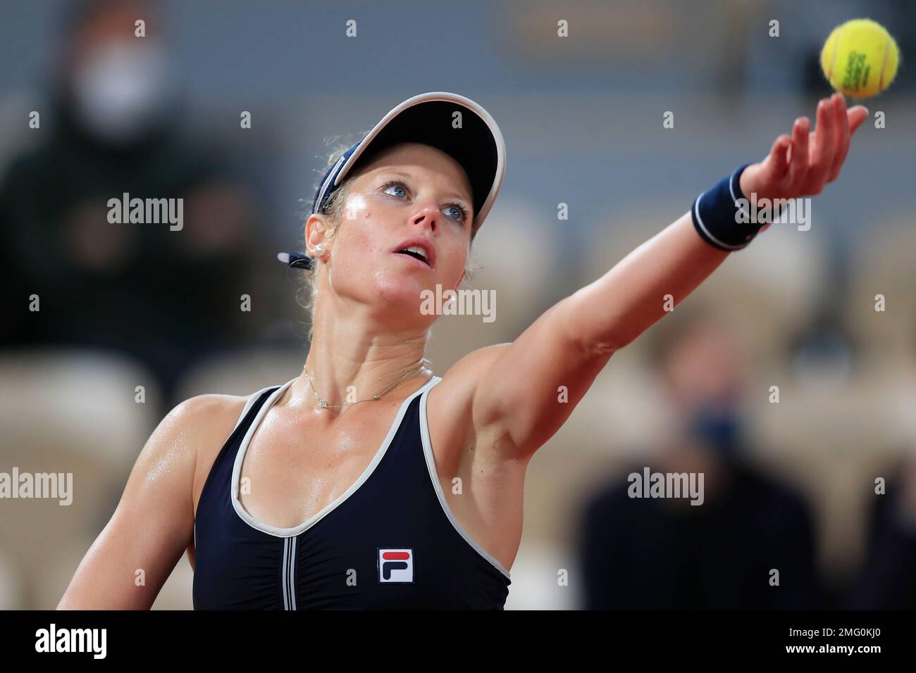 Germany's Laura Siegemund serves against France's Kristina Mladenovic in  the first round match of the French Open tennis tournament at the Roland  Garros stadium in Paris, France, Tuesday, Sept. 29, 2020. (AP