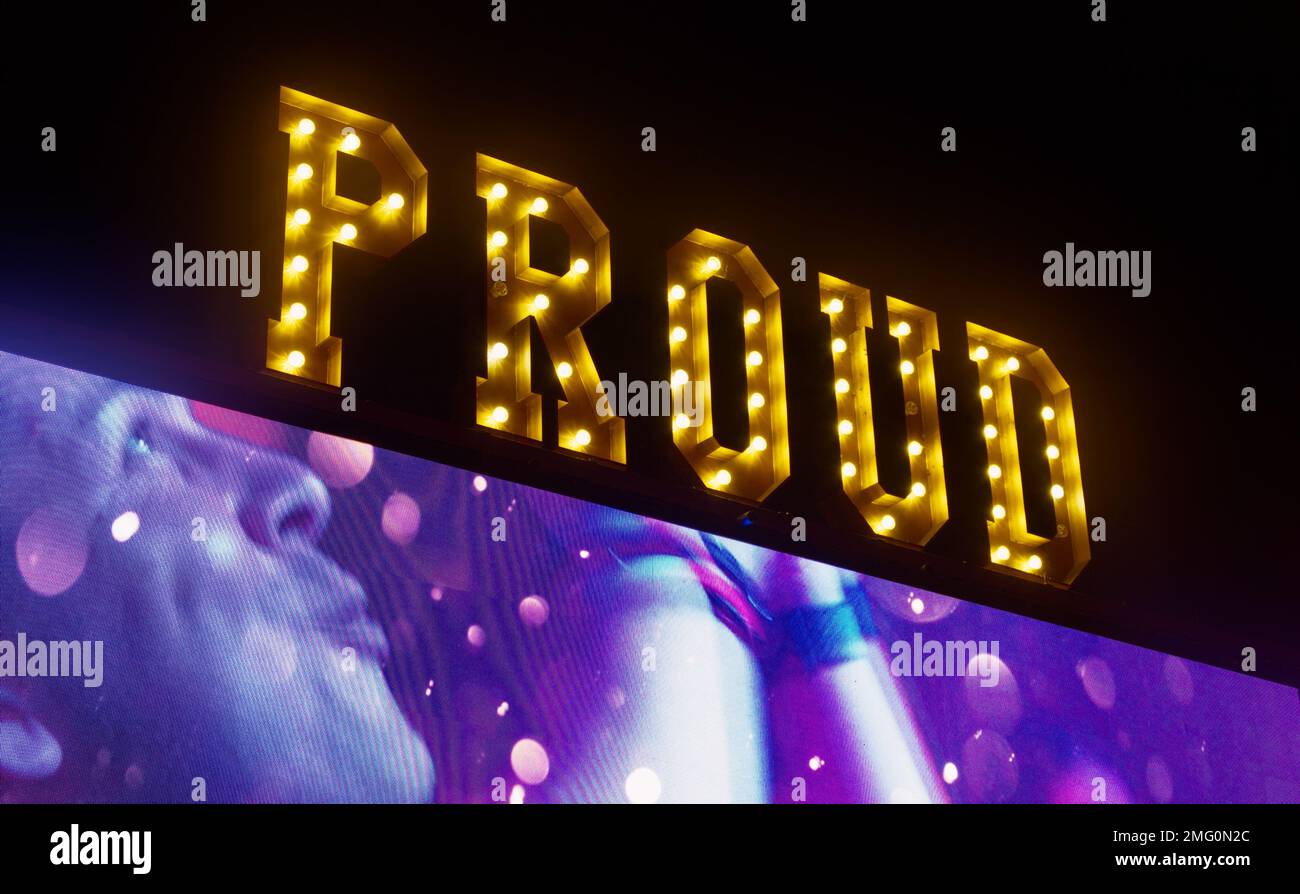 Illuminated Sign And Video Screen Of The Cabaret Night Club Proud On Victoria Embankment, London Stock Photo