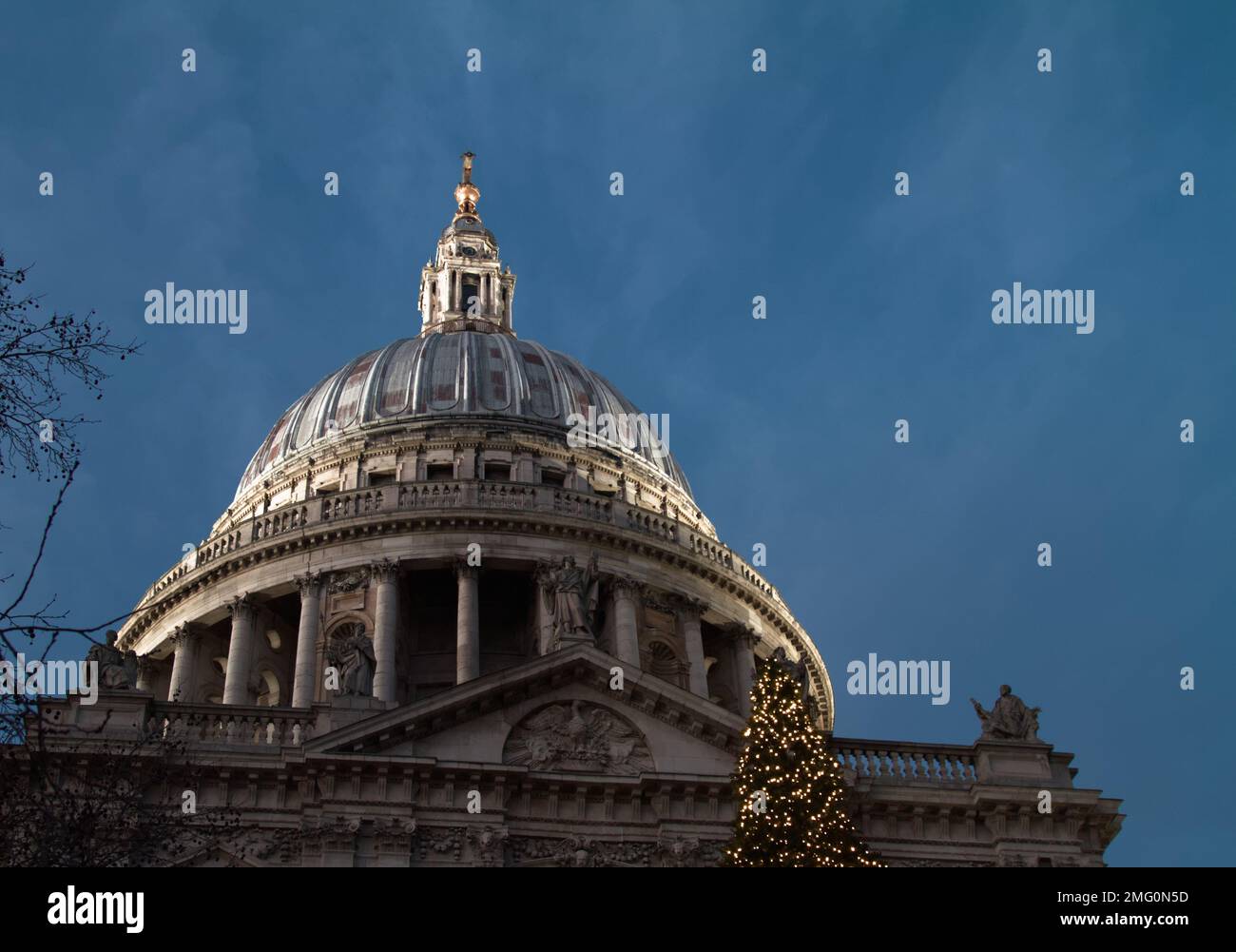 Dome Of Saint Pauls Cathedral Illuminated By Spot Lights At Dusk, Golden Hour, London UK Stock Photo