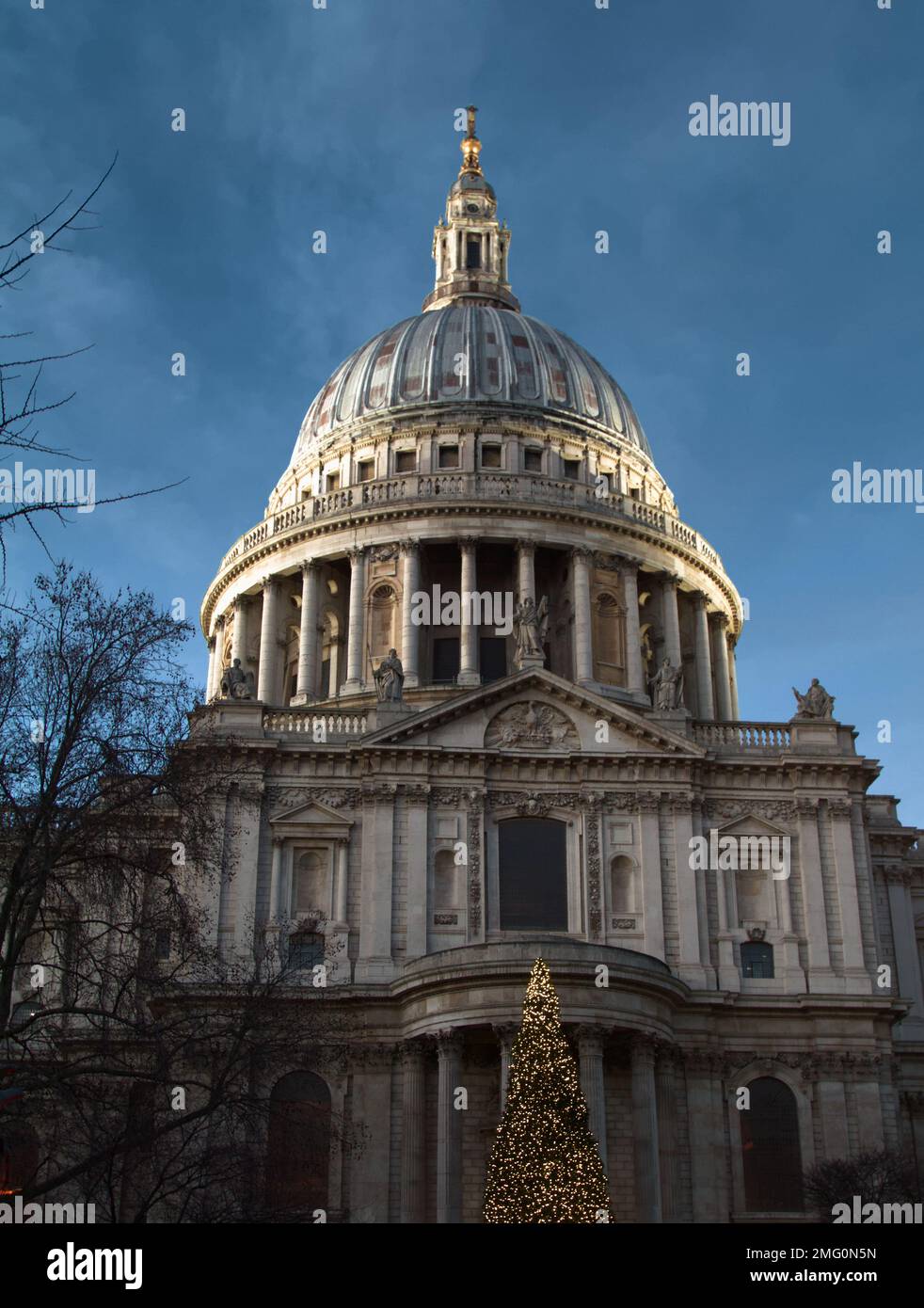 Dome Of Saint Pauls Cathedral Illuminated By Spot Lights At Dusk, Golden Hour, London UK Stock Photo