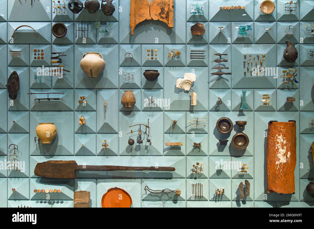 Display Of Roman Artifacts At The London Mithraeum Under The Bloomsberg Building, City Of London UK Stock Photo