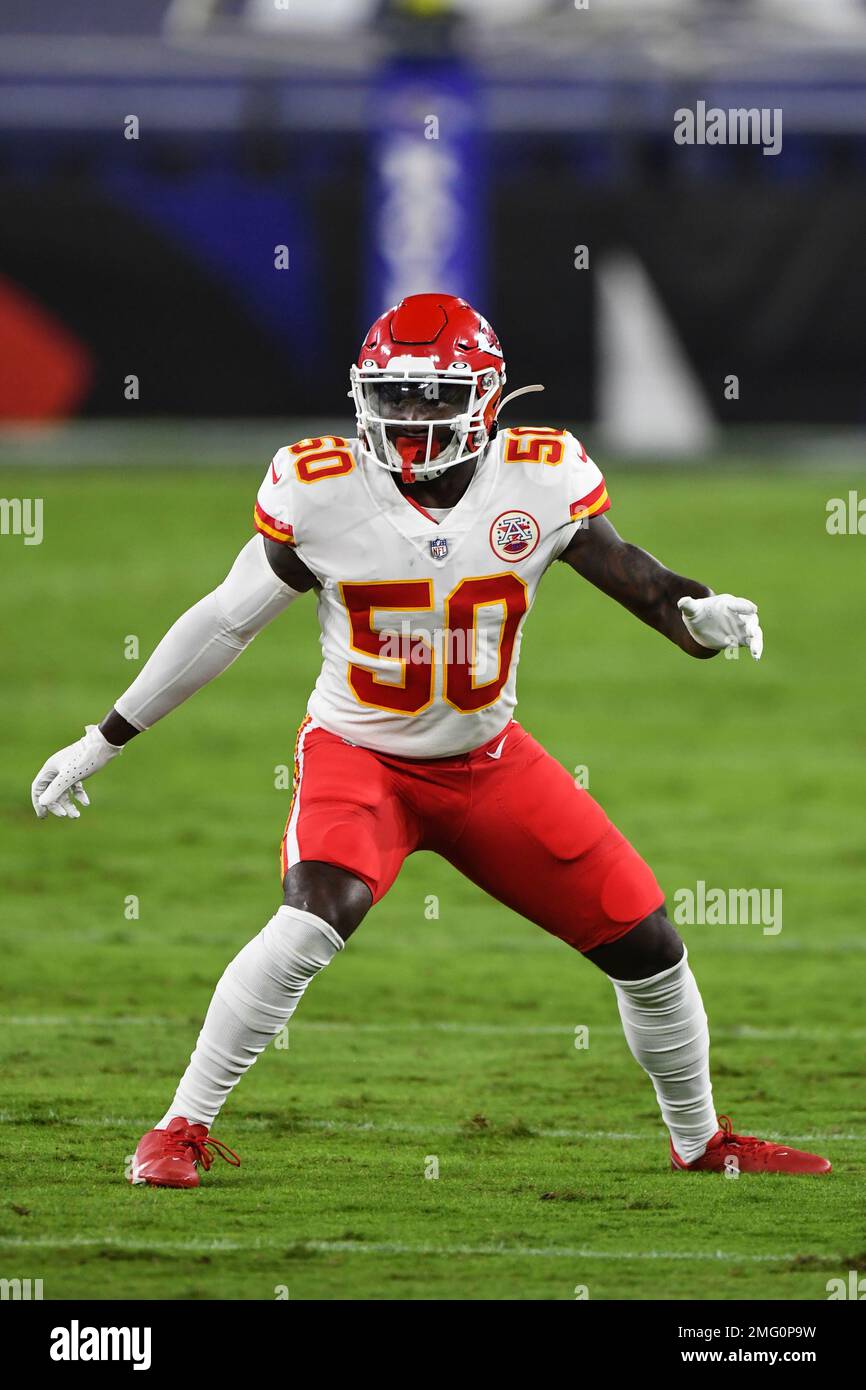 Kansas City Chiefs linebacker Willie Gay (50) looks on from the sideline  during an NFL pre-season football game against the Washington Commanders  Saturday, Aug. 20, 2022, in Kansas City, Mo. (AP Photo/Peter