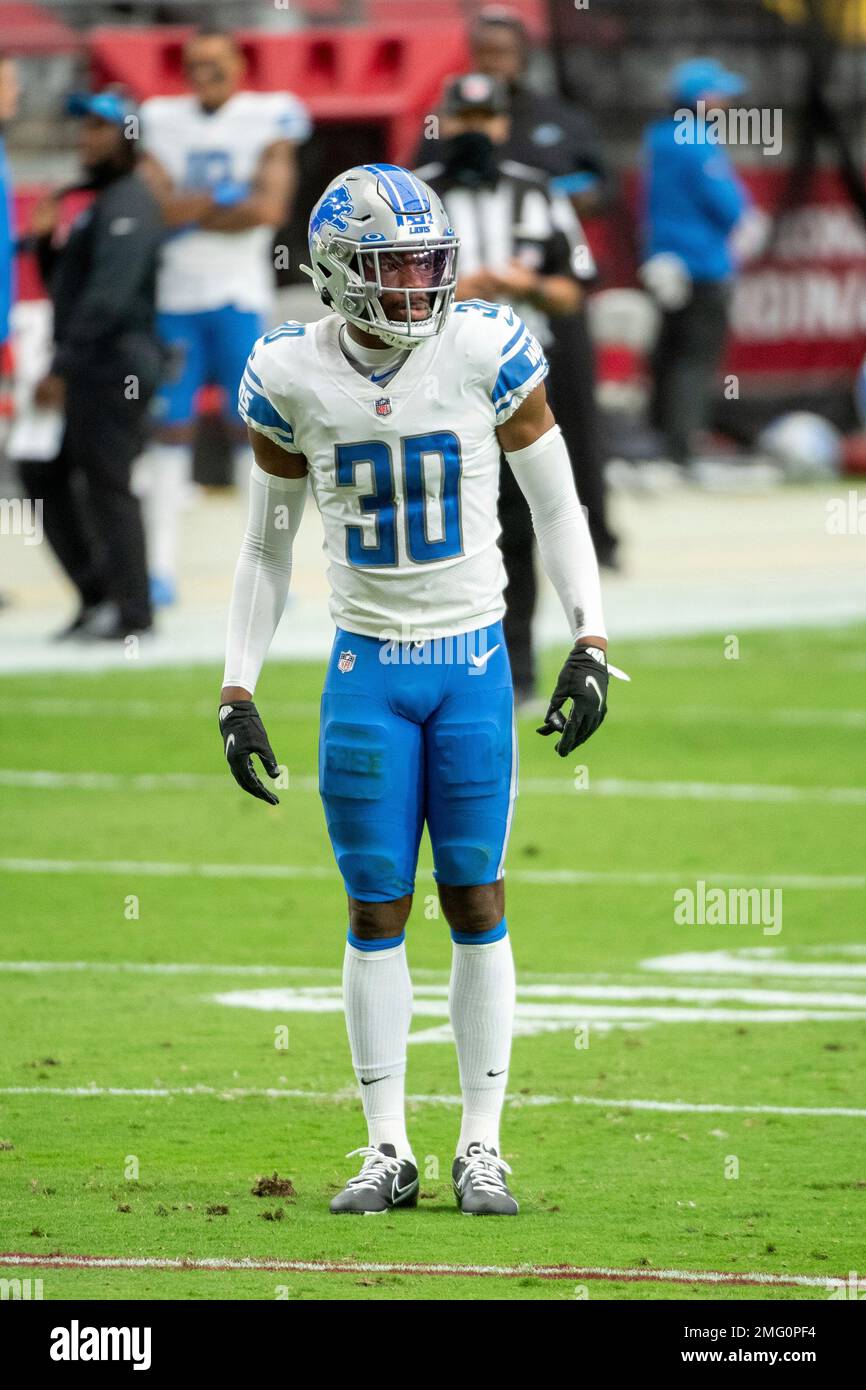 Detroit Lions cornerback Jeff Okudah (30) looks on during an NFL football  game against the Arizona Cardinals, Sunday, Sept. 27, 2020, in Glendale,  Ariz. The Lions won 26-23. (AP Photo/Jennifer Stewart Stock Photo - Alamy