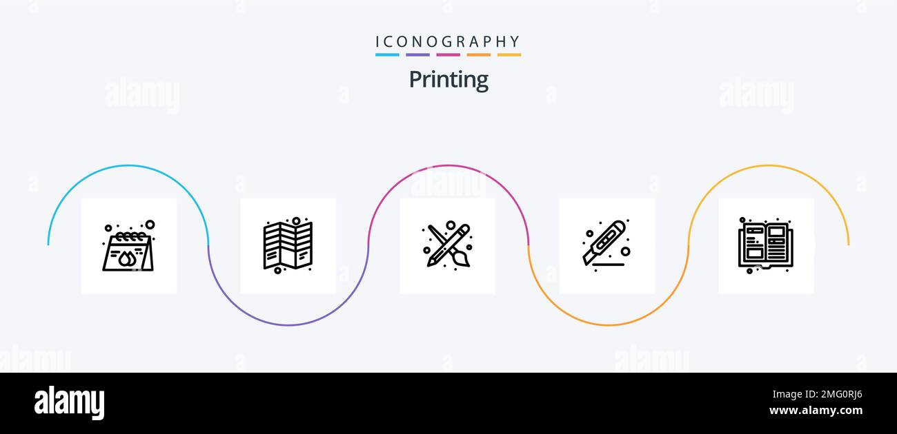 Printing Line 5 Icon Pack Including office. cutter. print. cut. tool Stock Vector