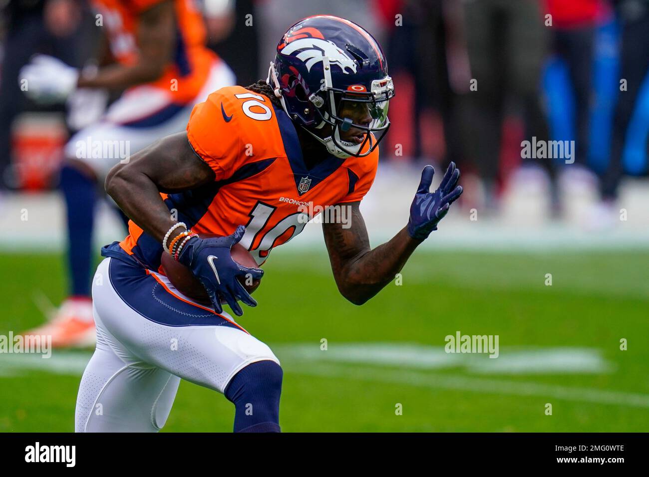 Denver Broncos wide receiver Jerry Jeudy (10) runs against the