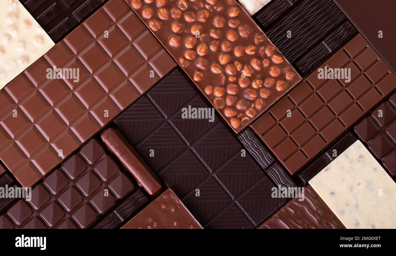 dark and milk chocolate with nuts, assorted sweet bars. Stock Photo